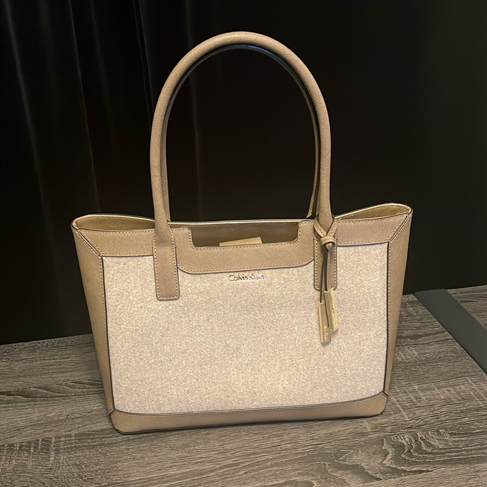 Calvin Klein Greige Shoulder Bag with Taupe Wool Texture Front Panel